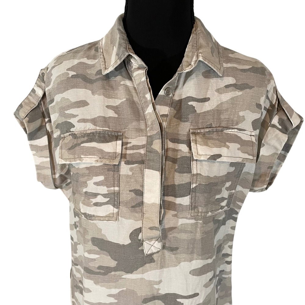 Vince Camuto Camo Print Shirt Dress Womens XS Grey Beige‎ Cotton Lyocell Relaxed - Picture 2 of 7